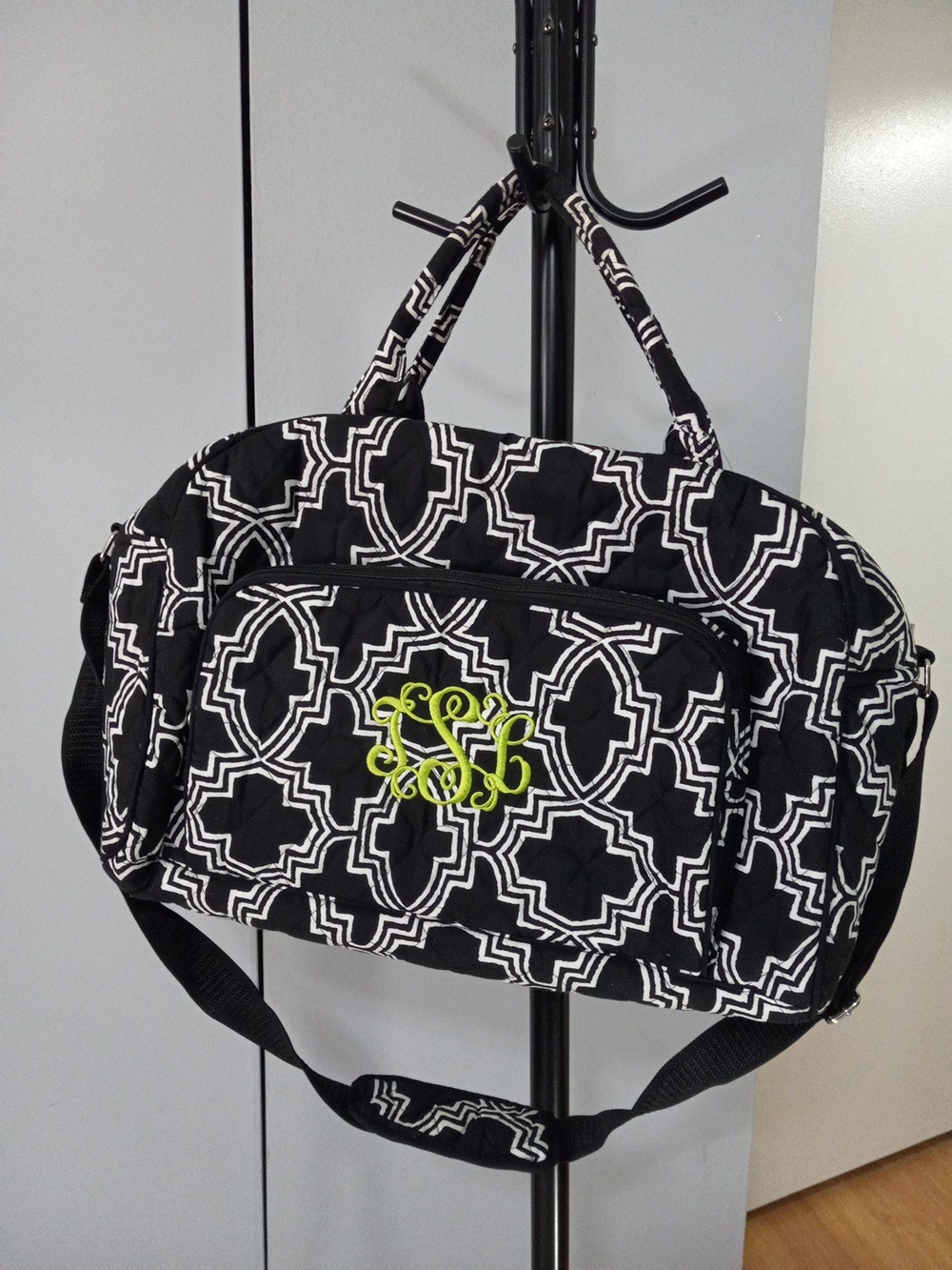 Buckhead Betties Black & White Geometric Quilted Travel Bag with Lime Monogram